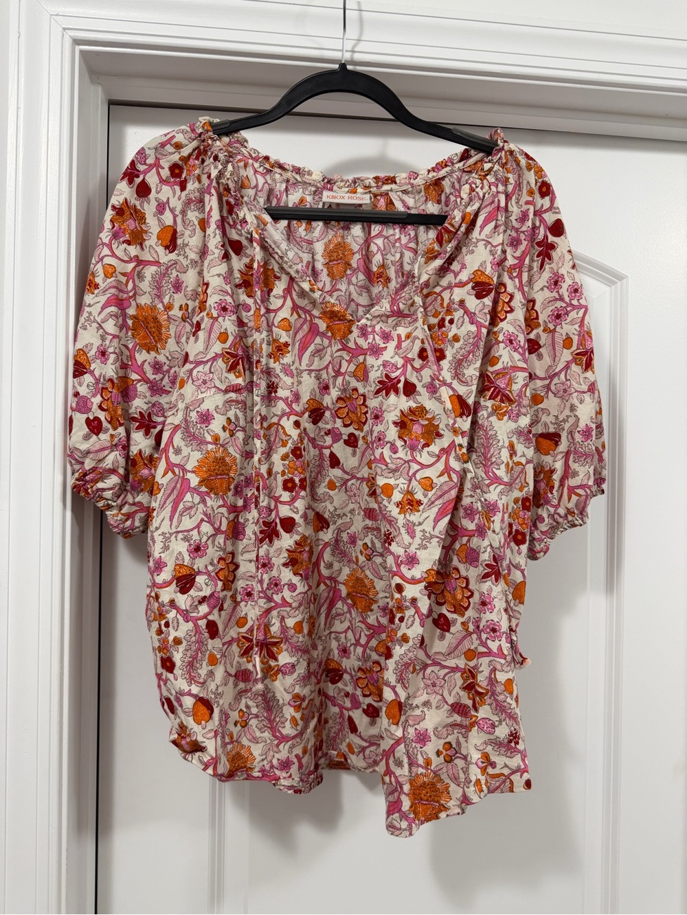 Knox Rose Cream Floral Scoop-Neck Blouse with Pink & Orange Print